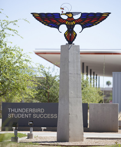 The Thunderbird stands east of the clock tower along the main east/ west walk.