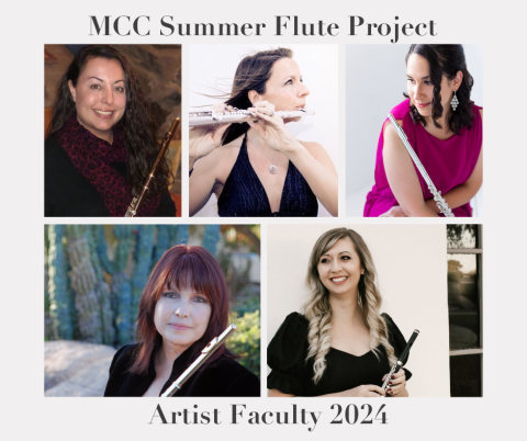 Photo collage of the five artist faculty flutists for the 2024 MCC Summer Flute Project