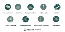 Nine circles with icons representing professional skills