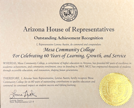 Certificate of outstanding achievement recognition from Representative Lorena Austin
