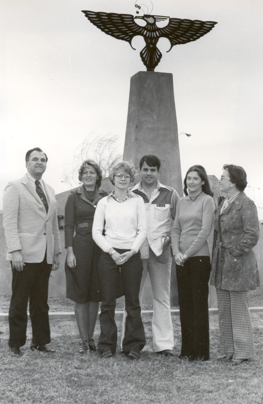 Students and administrators in front of the MCC Thunderbird, 1970's