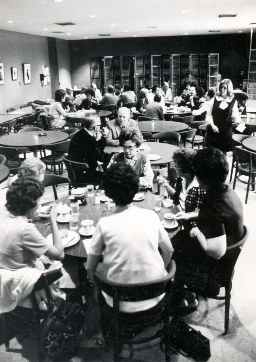 Faculty gather in the cafeteria