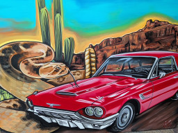 Canvas painting of rattlesnake, classic car, cactus and red mountain in the background.  