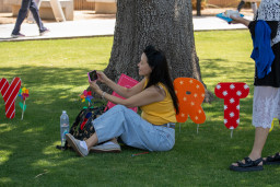 Student looking at phone while sitting on the grass
