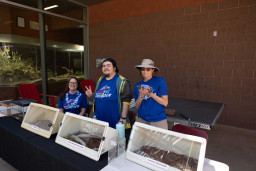 3 individuals in front of table with a gila monster, king snake, and chuckwalla