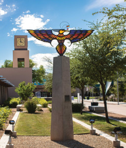 Thunderbird stained glass in front of the Clock Tower