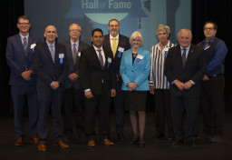 The 2019  class of inductees to the MCC Hall of Fame gather for a group photo.
