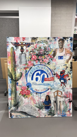 Canvas painting of cactus, stained glass Thunderbird, Clock Tower, Thor, student, track athlete, art work,  and rose garden 