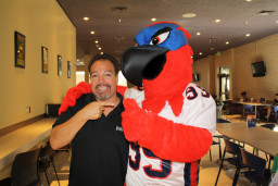 MCC employee Ron Rangel wearing a black shirt pointing his finger at Thor