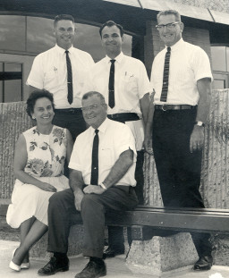 Administration, standing from left: Theo Heap; Ross Owens; and Steward Donald. Seated from left: Jeanette Kirk; President John Riggs