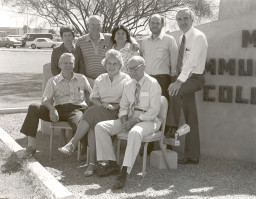 Original faculty and staff, standing from left: Lottie Childress (Admissions), Ben Slack (Physics), Andrea Messali, Foreign Languages; Ron Yates, English; and Chuck Evans, Speech. Sitting, from left: Bob Reid (Math), Margaret Allison (English), and Hugh Phillips (Biology)