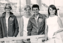 Tennis Team. From left: Kathy Vance; Jeanine Wright; Coach Kay McDonald; Jannice Brown.