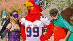 Students with Thor the Thunderbird at Fall Bash