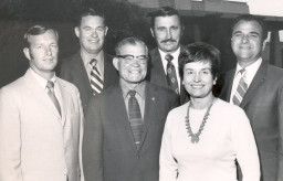 Administration, 1970's. From left: Robert Worsley; Theo Heap; John Riggs; R Cattani; Jeanette Kirk; Ross Owens