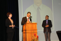 Honoree Tony Cirelli, MCC's baseball coach, with Alumni Relations Coordinator Marcy Snitzer and MCC President Dr. Shouan Pan.