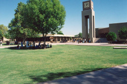 Students congregate under a shady tree in front of the Clock Tower, Southern & Dobson Campus