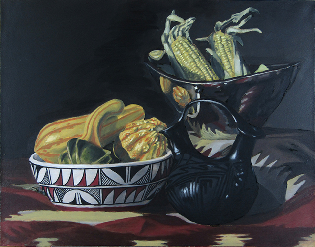 Still life painting of corn and squash.