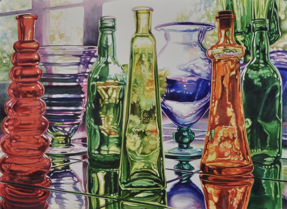 Watercolor painting of a colored glass still-life.