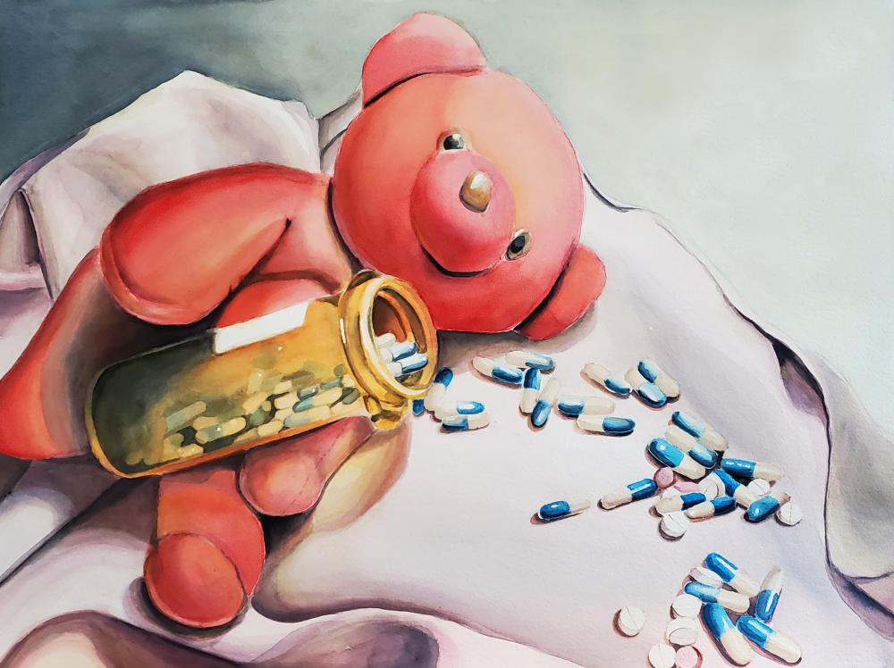 A watercolor of a still life with a teddy bear and prescription medication.