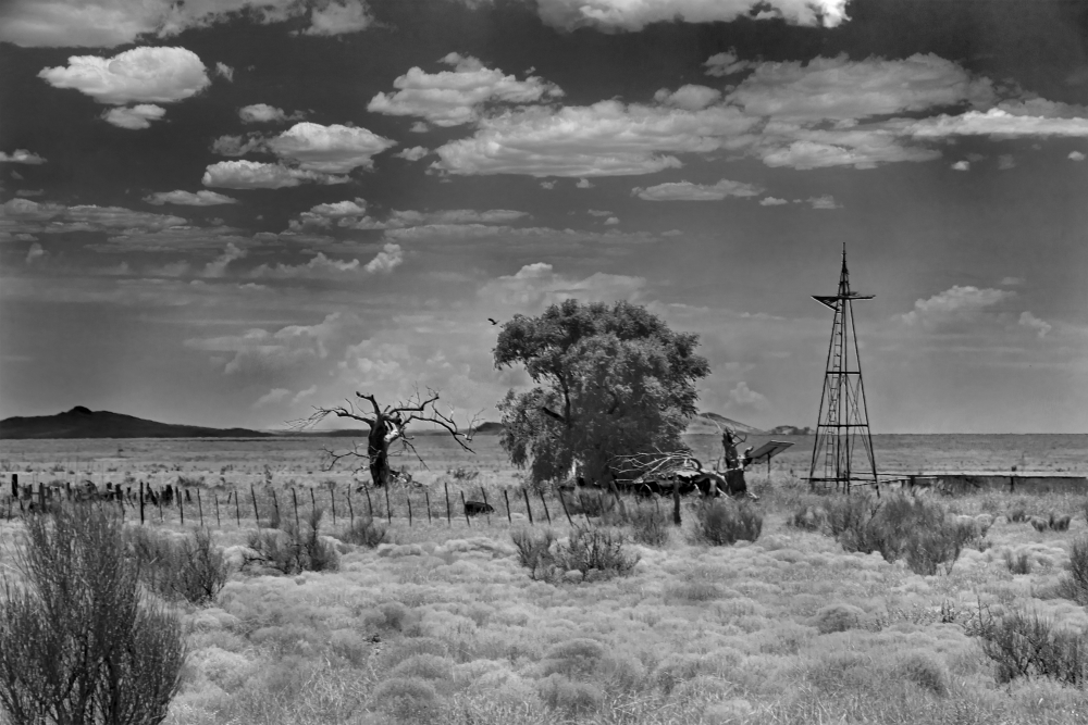 A black and white photograph of a landscape in New Mexico.