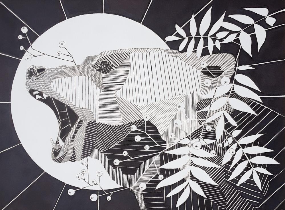 An ink drawing of a bear and foliage in black and white.