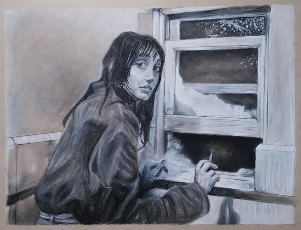 Drawing of actress Shelley Duvall near an open window.