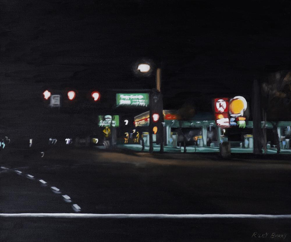 Painting of the 48th street and Broadway cross street at night.