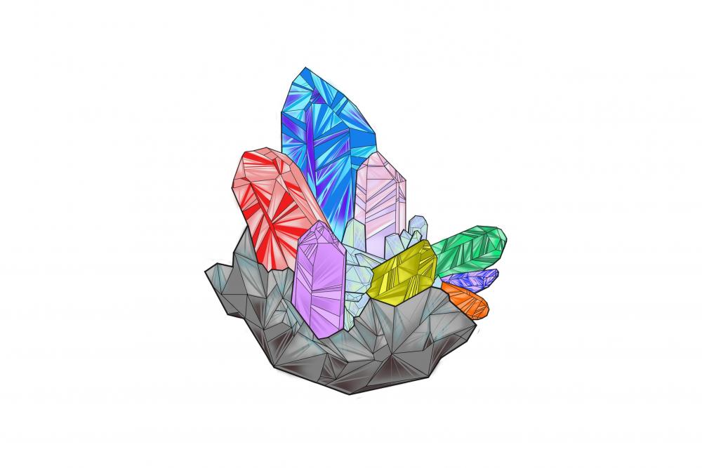 This image is a digital illustration of gems in a chunk of rock.