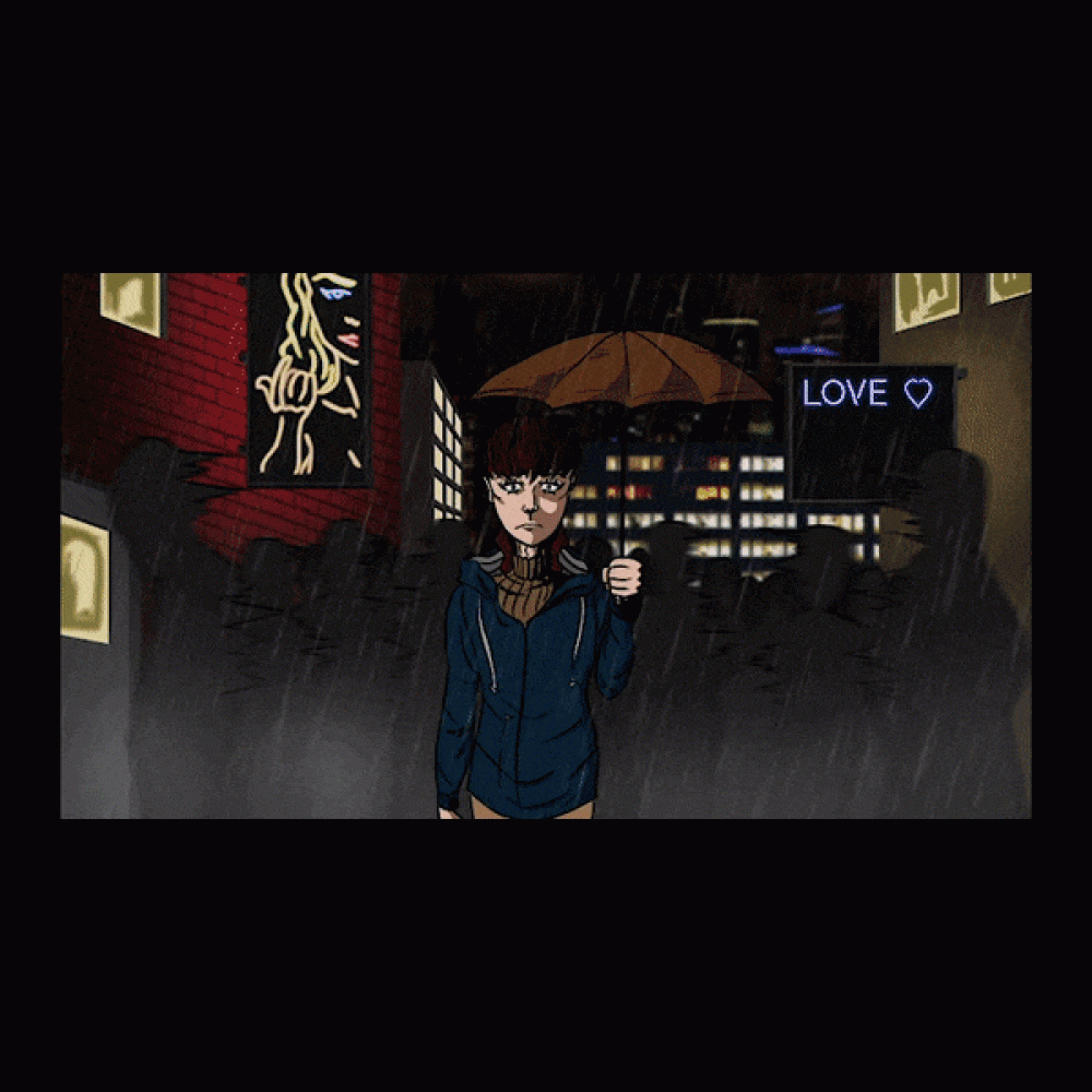 Animation of two figures standing in the rain looking at each other.