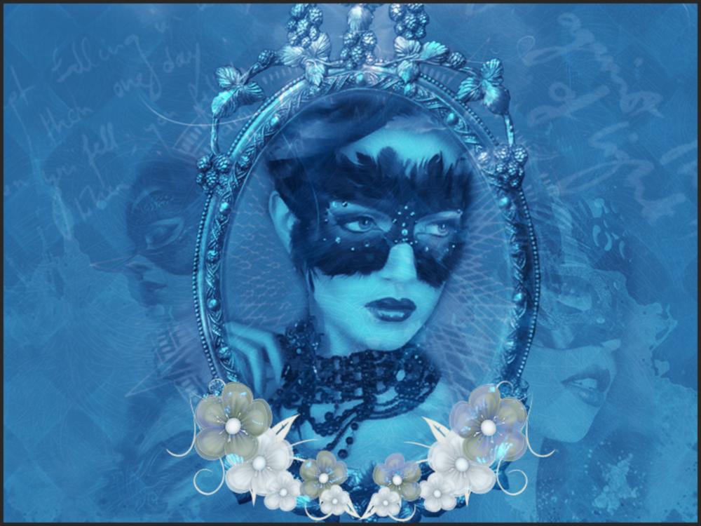 Digital illustration of a lady in a mask in blue.