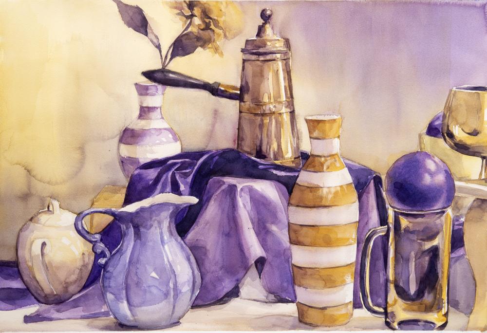 Still life of objects in purple and yellow colors.