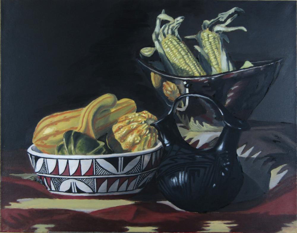 Still life of corn and squash in traditional bowls.