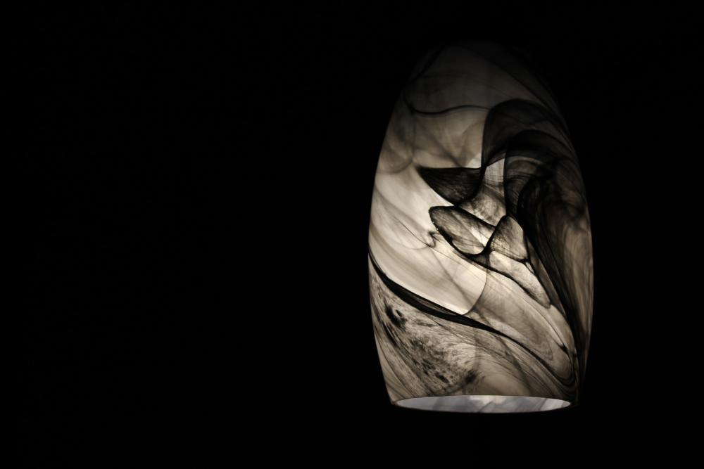 Black and white photograph of marbled lampshade.
