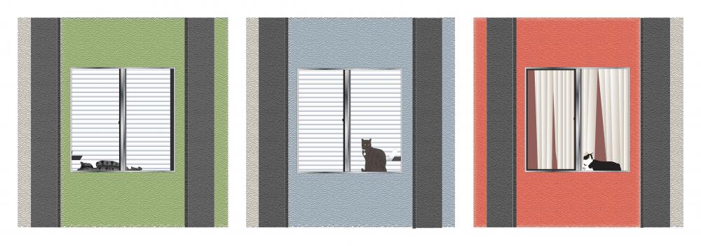 Digital triptych illustration of three cats in three different windows.