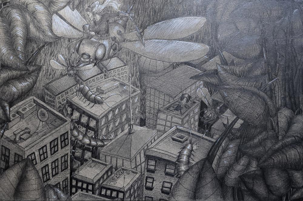 Graphite drawing of big insects taking over a city.