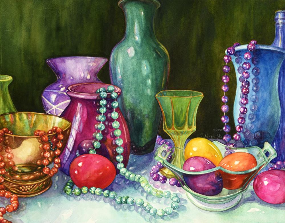 Watercolor painting of a still life with vases and glass beads.