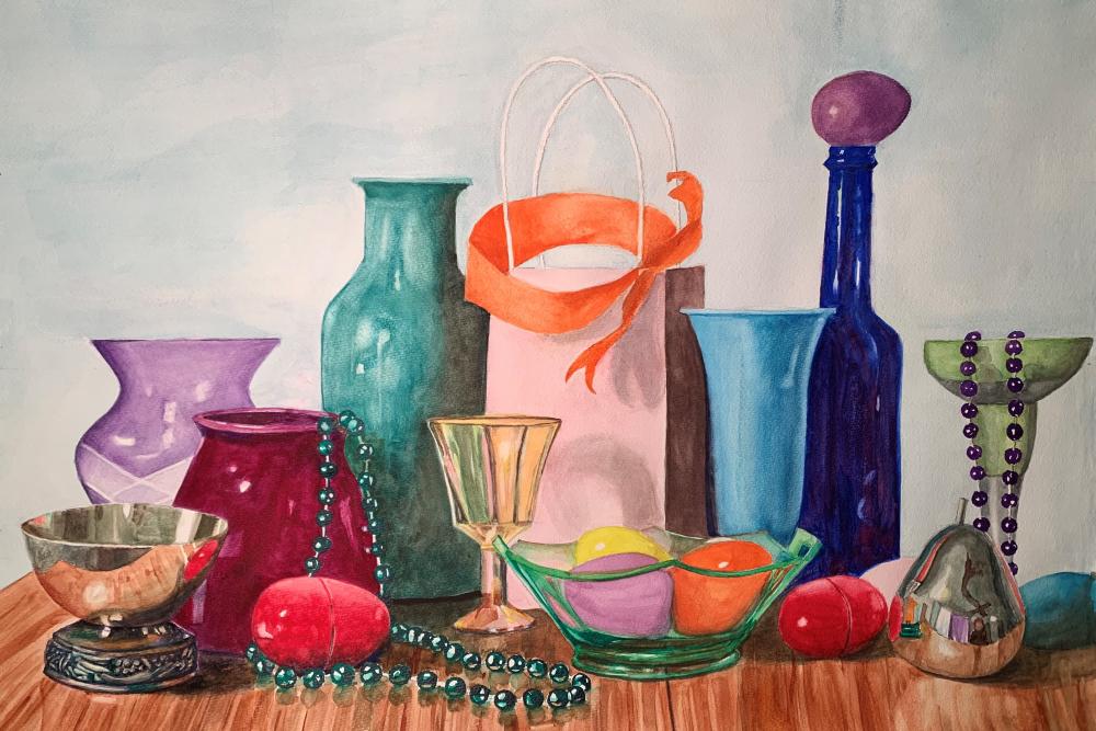 Watercolor painting of a still life with vases, glasses and beads.