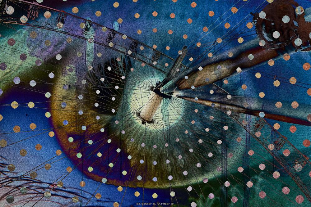 Digital composite of blue abstract shapes and an eye.