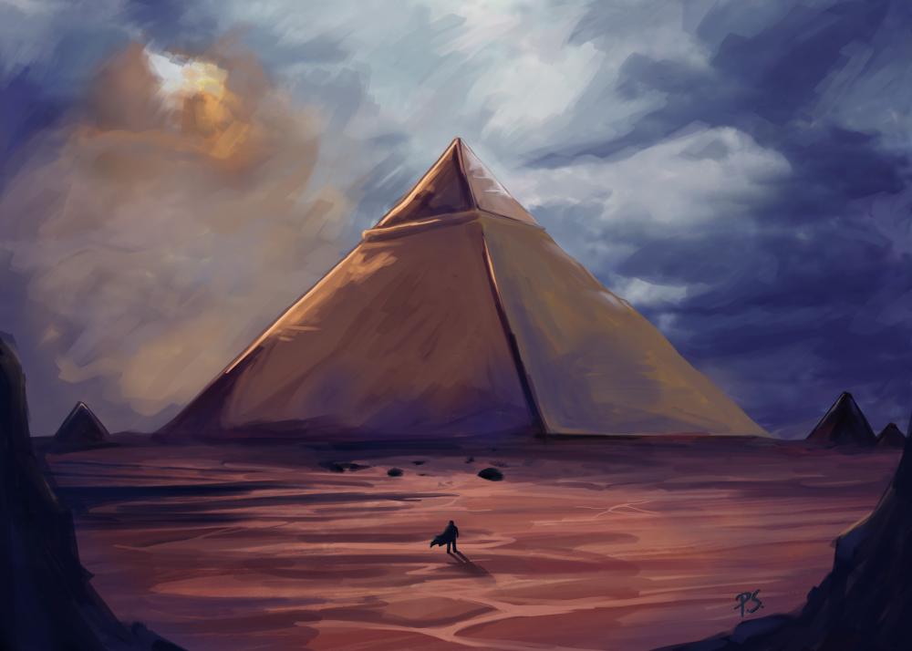 Digital illustration of a small figure in front of a pyramid.
