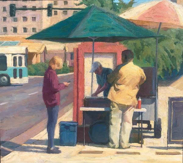 Oil paining of a hot dog vendor on Central Avenue in Phoenix, Arizona.