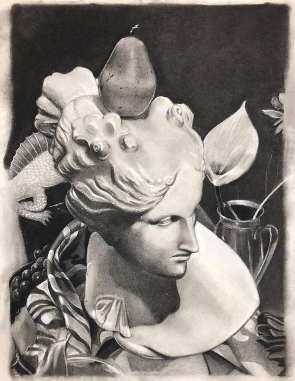 Drawing of a still life arrangement, ceramic bust with pear balanced on top.