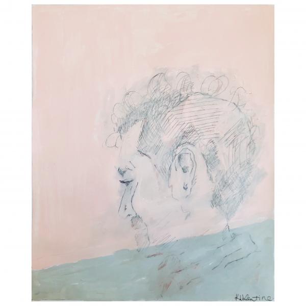 Portrait of a figure in pink and teal, washed out.