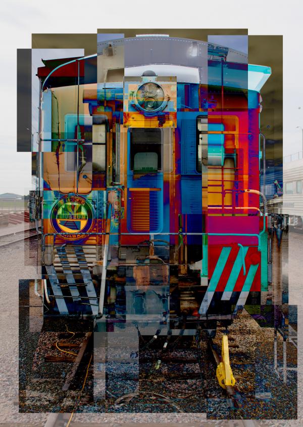 Composite of photographs of various train cars, superimposed and layered on top of one another.