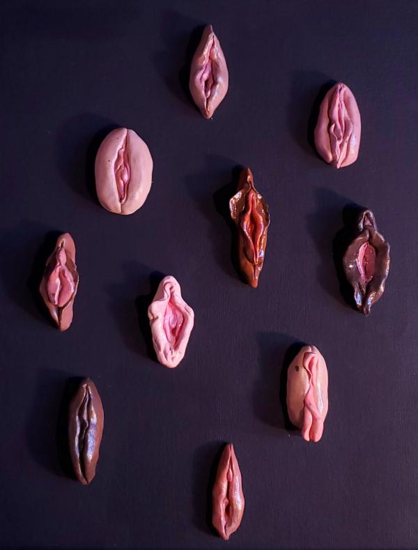 Clay and acrylic vulvas on a background.