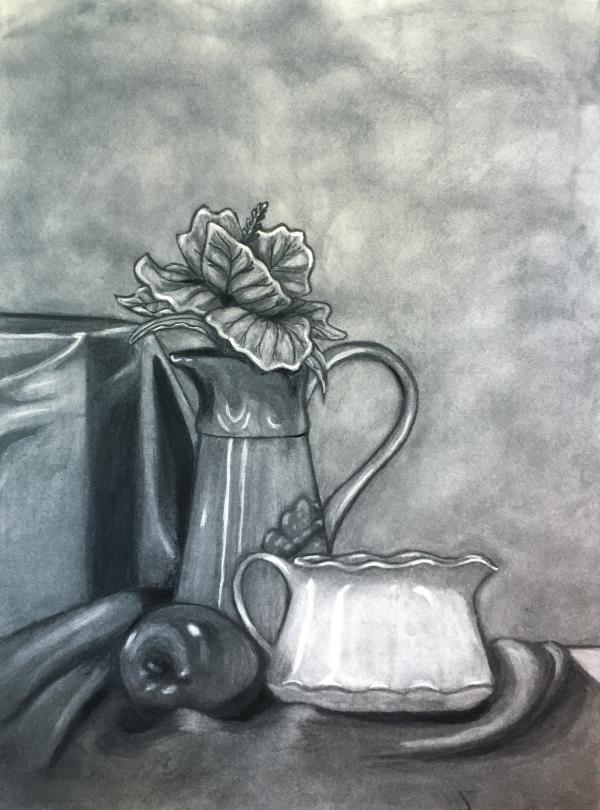Still life drawing with a hibsicus flower in a vase.