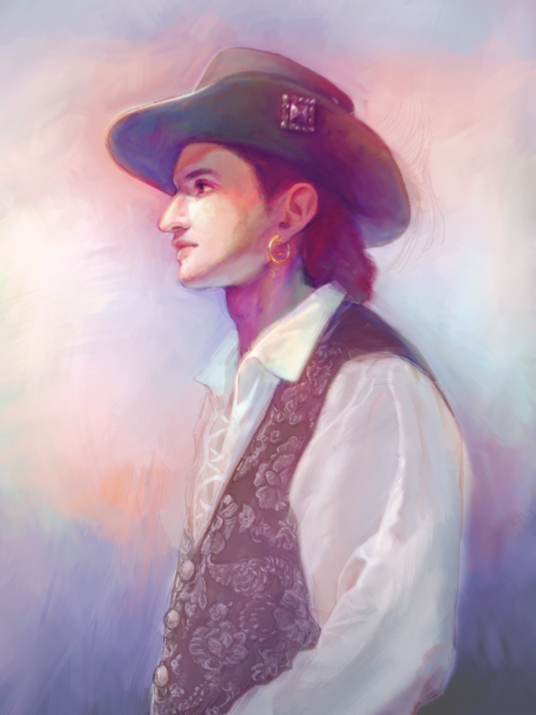 Digital illustration of a figure in a hat and vest on a pastel background.