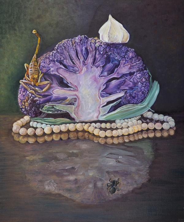 Painting of a cauliflower, scorpion and a pearl necklace.