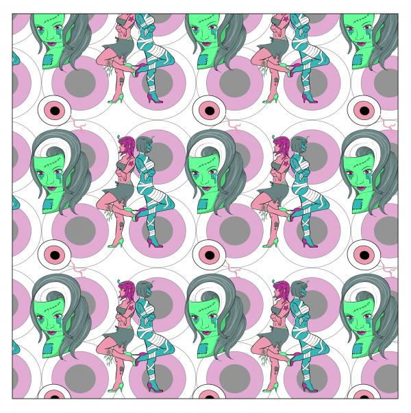 Digital pattern design with repeated monster figures.