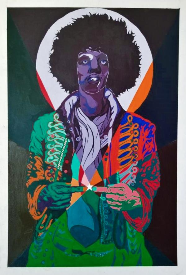 Painted, colorful portrait of Jimi Hendrix.