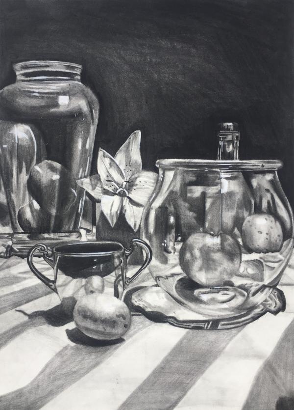 Drawing of a still life on a striped tablecloth.